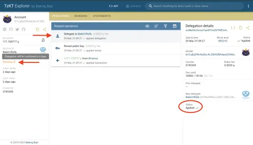 Delegation: “Pending” status on Tezos explorer