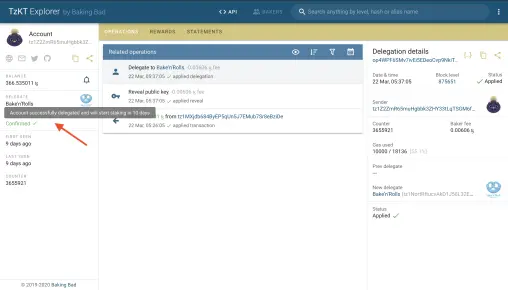 Delegation Confirmed on Tezos explorer