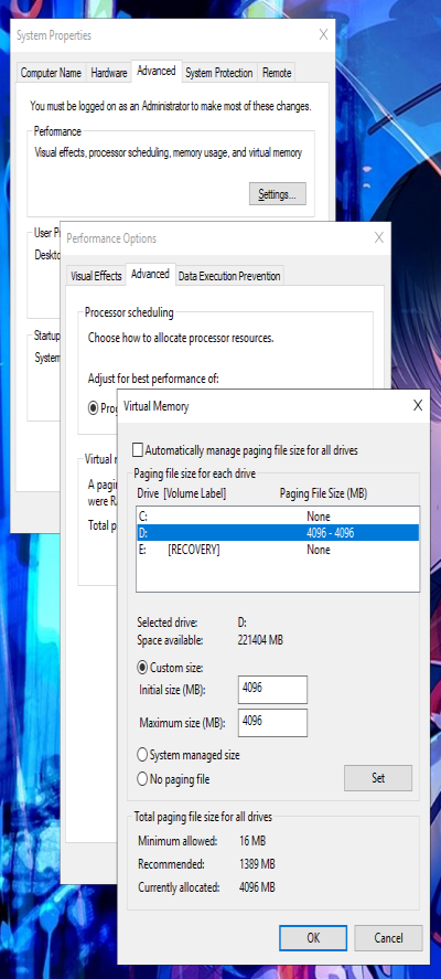 Virtual memory settings