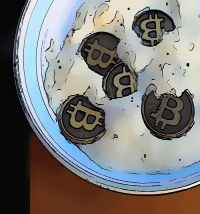 A cartoon rendering of a photo of bitcoins in a bowl of gravy.