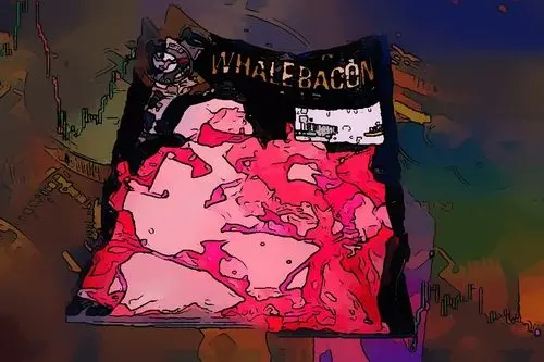 A pack of whale bacon against the faded background of bitcoins and a market chart. Click on picture for link to attributions.