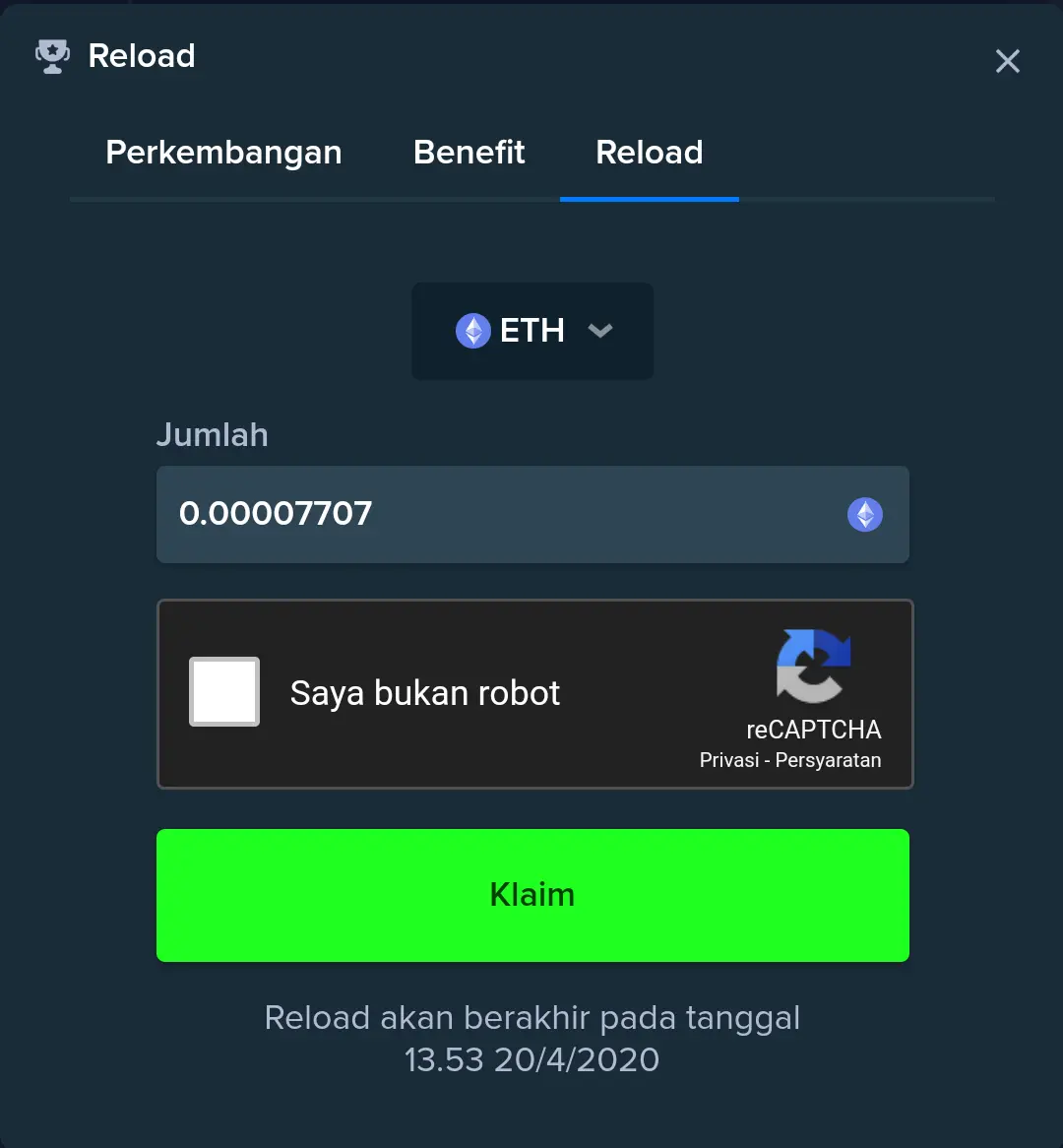 Reload ETH Weekly Every 10Minutes