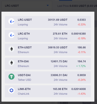 pairs available on Loopring
