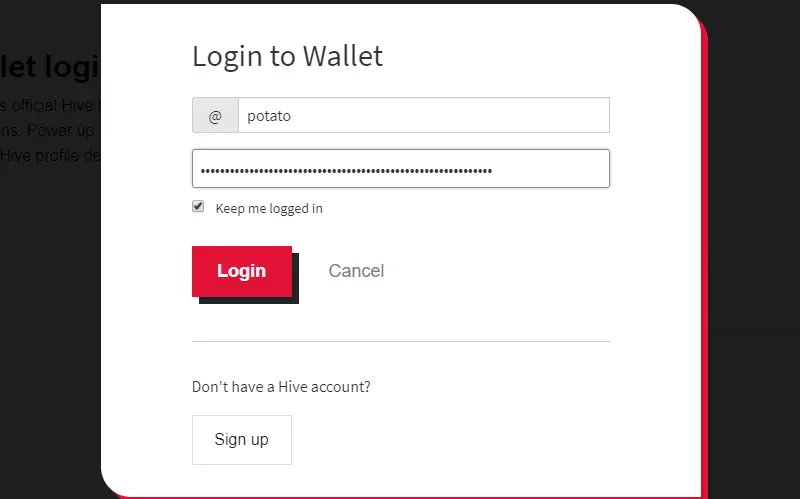 Image of Hive Wallet's Login Form