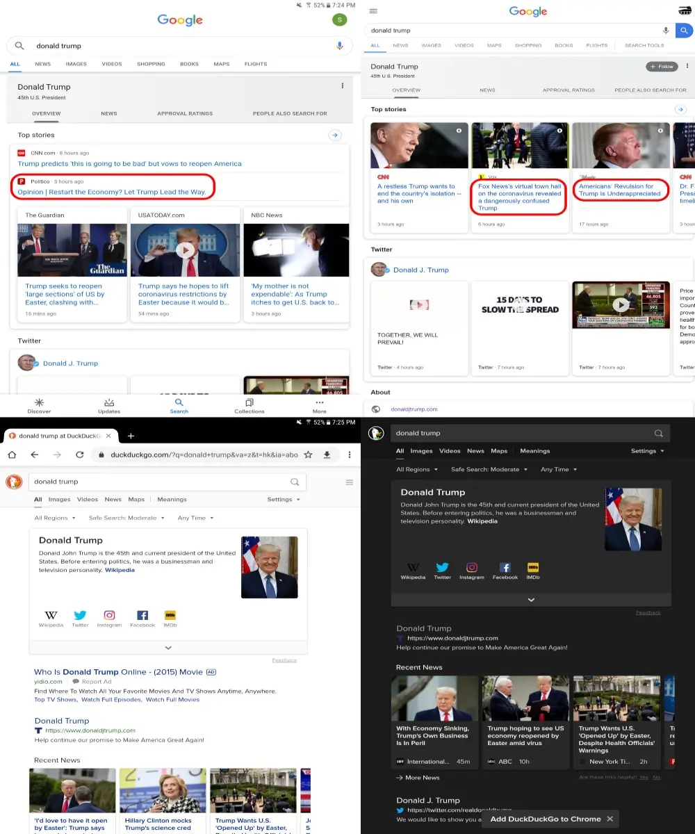 Four searches, vastly different results.
