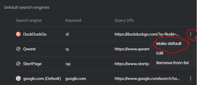 Default search engine options.