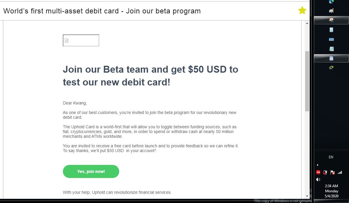 First email ever about a crypto card