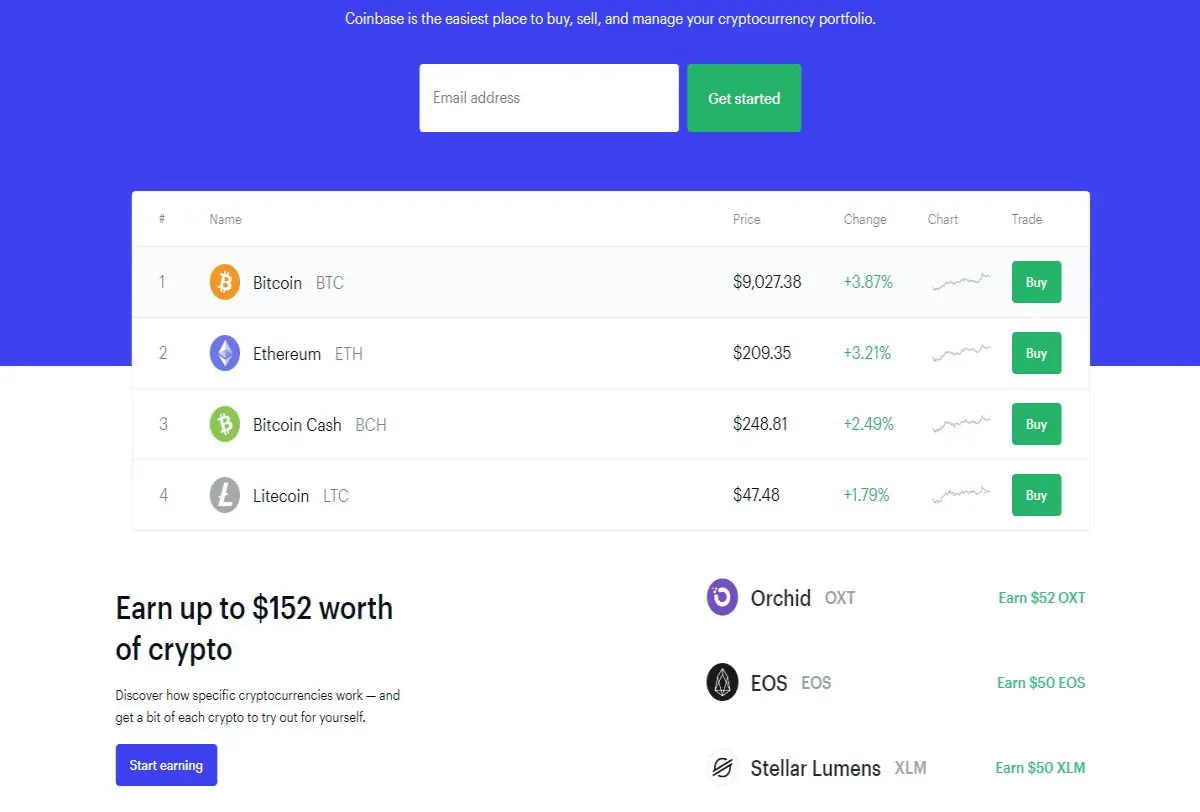 Homepage for coinbase.com