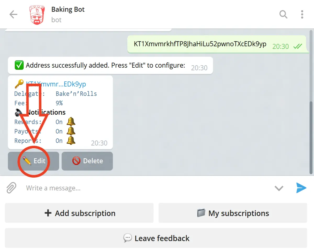 Tezos baking Bad Bot: edit subscription