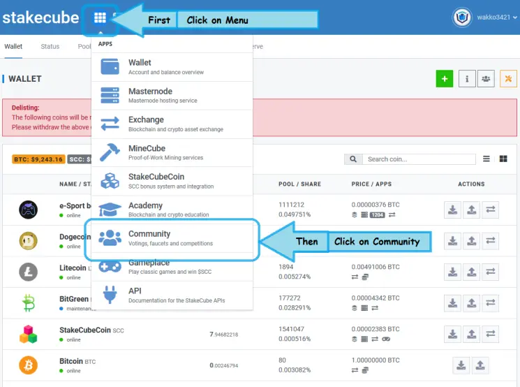 open menu, then click Community