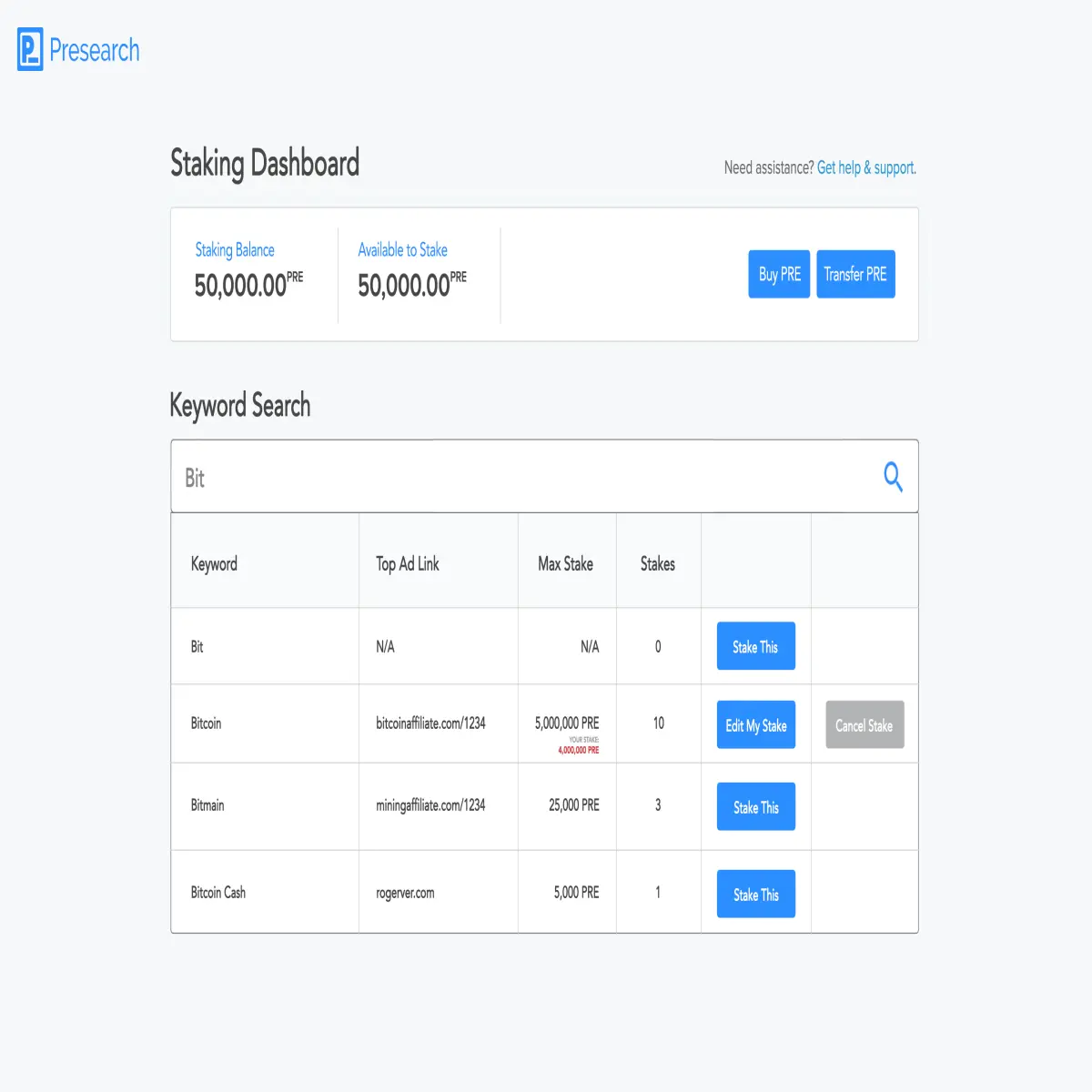 keyword staking presearch
