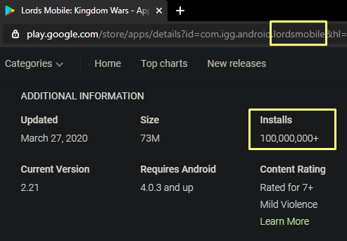image of Lords Mobile install counts on GooglePlay