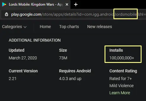 image of Lords Mobile install counts on GooglePlay