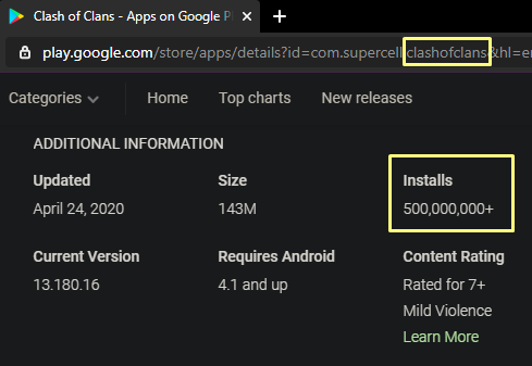 image of Clash of Clans install counts on GooglePlay
