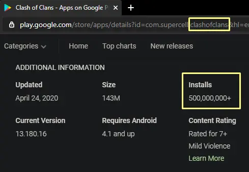 image of Clash of Clans install counts on GooglePlay