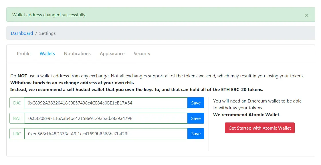 individual addresses for each token
