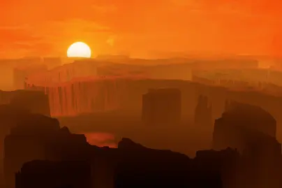 Rocky landscape with setting sun