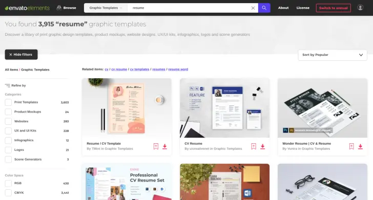 Envato Elements | Resume Search in Graphic Templates