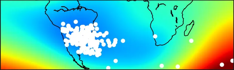 Increased occurrence of radiation-induced technical satellite failures of the Swarm satellites (white spots) in the region of the geomagnetic South Atlantic Anomaly (blue color = reduced field intensity) between April 2014 and June 2017. Credit: I. Michaelis, GFZ