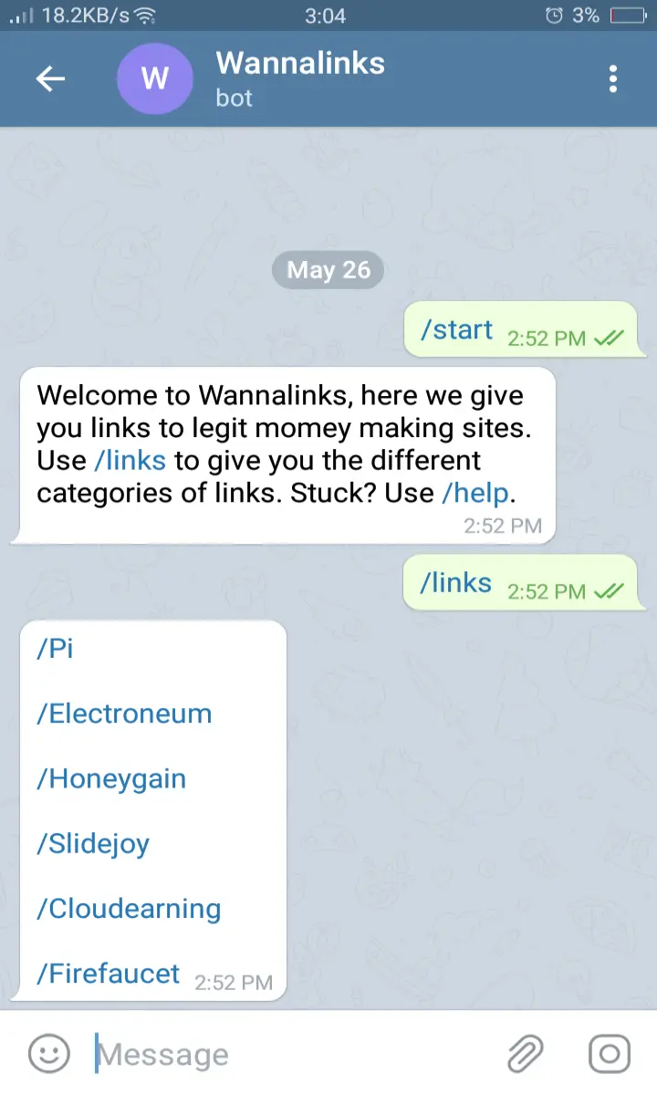 Wannalinks chat bot