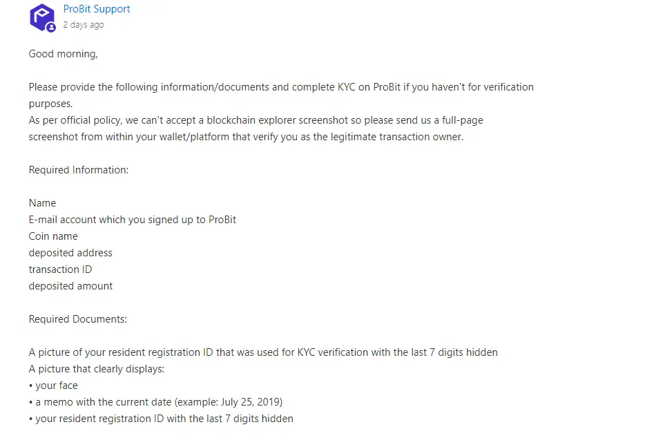 probit support response when inquired about my HIVE tokens