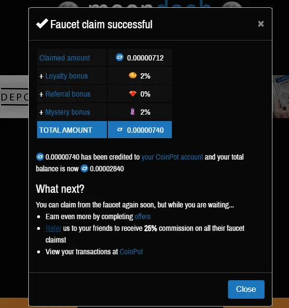 Loyality bonus. The loyality bonus is increasing everytime you claim your coins from the faucet.