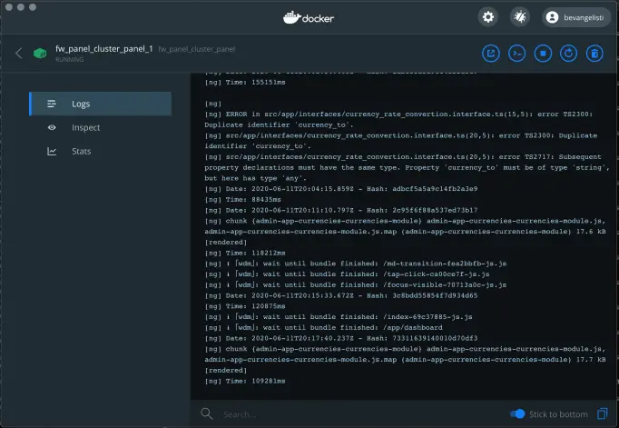 Docker Desktop app showing service logs