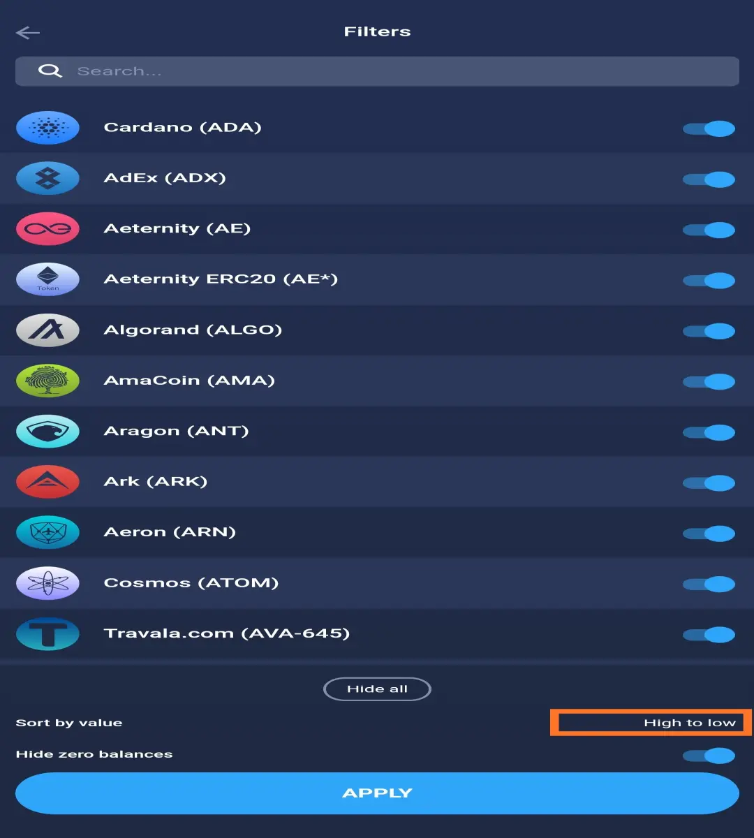 Filter Coins in Atomic Wallet