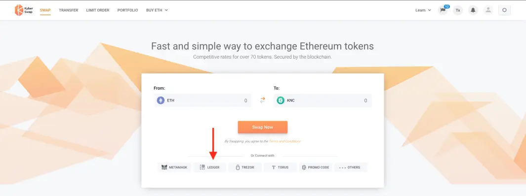 The Kyber Swap login interface