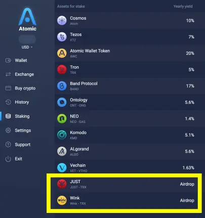 Airdrops in staking section of Atomic wallet
