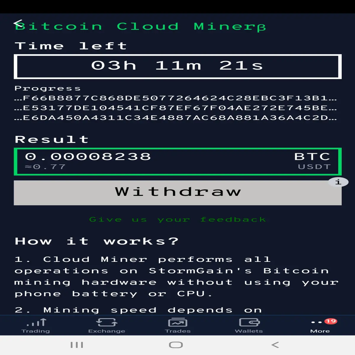 StormGain cryptominer in action.