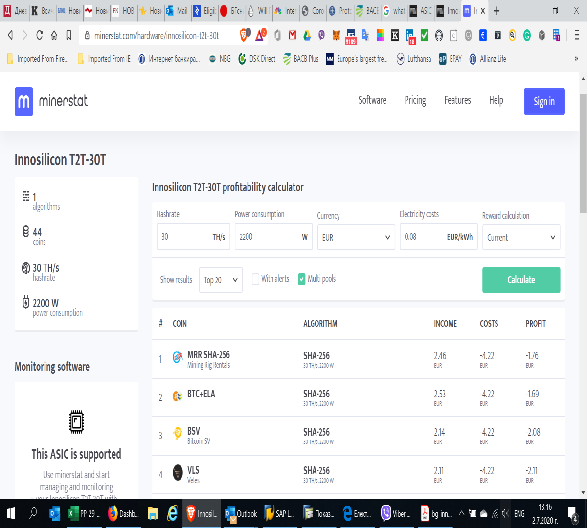 Profitability of Innosilicon T2T 30TH by Coin