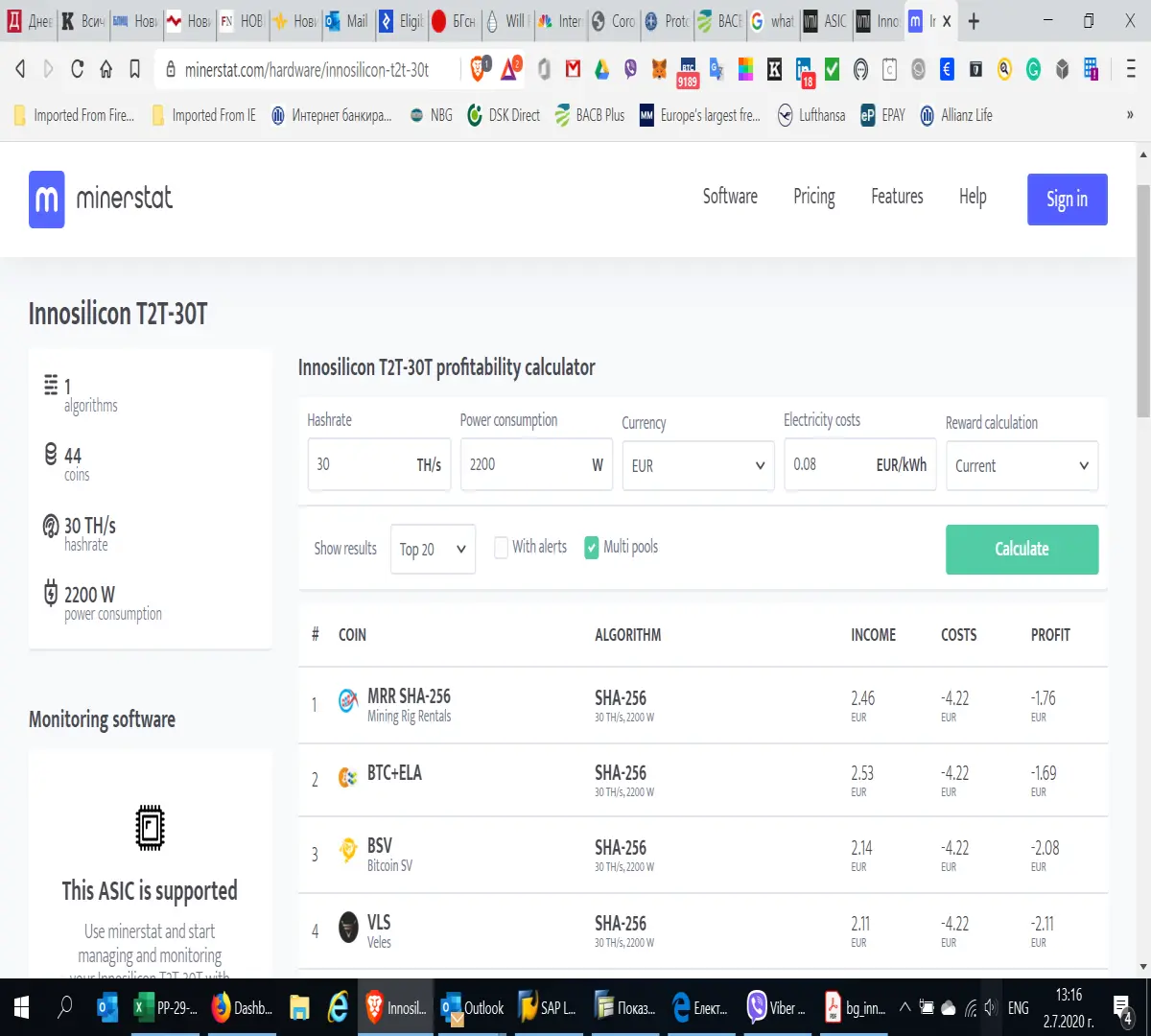 Profitability of Innosilicon T2T 30TH by Coin