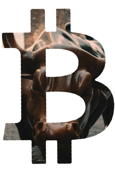 Bitcoin B icon with the wall street bull statue appearing through it.
