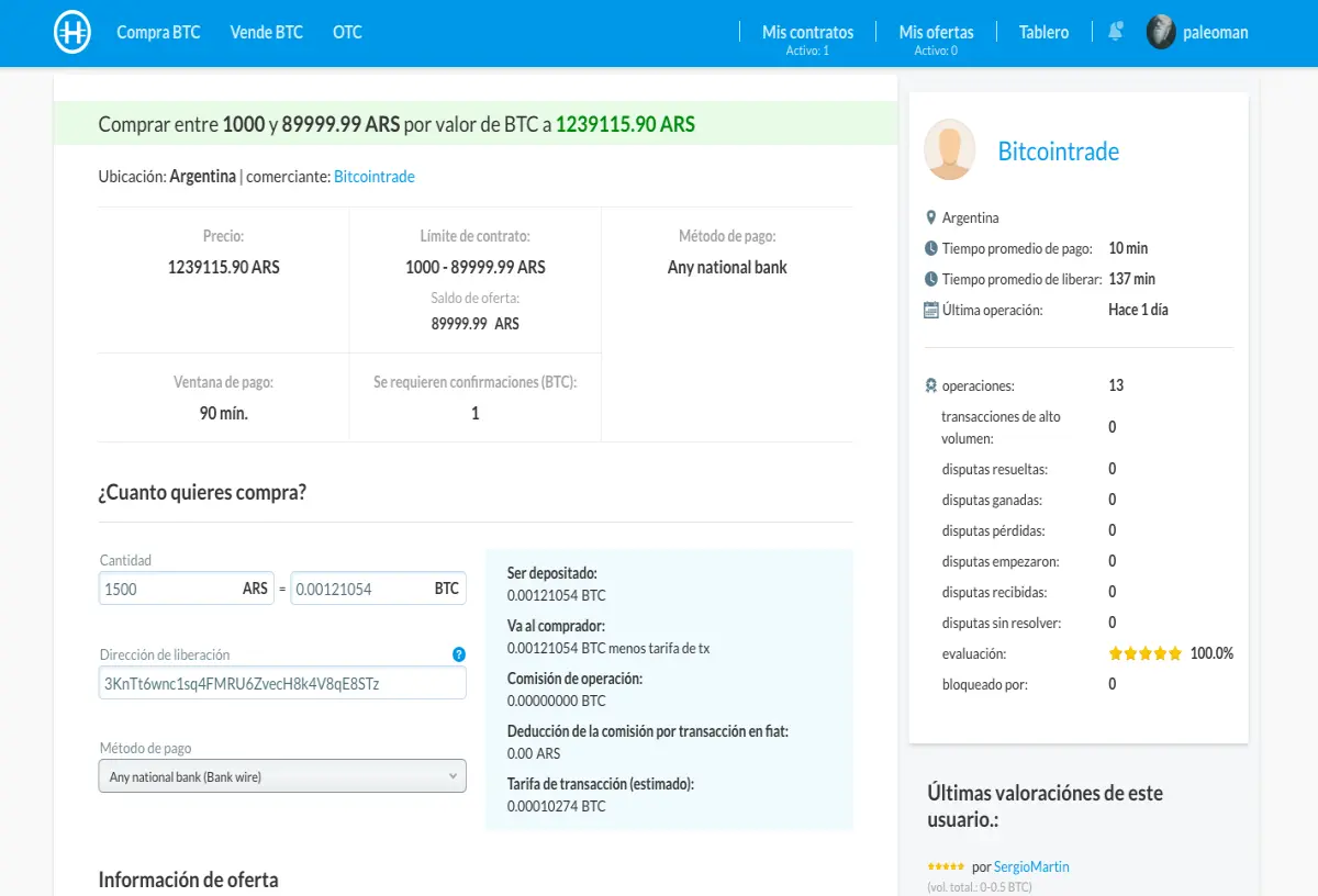 Seleccionamos comprar 1.500 Pesos Arg por cuenta bancaria al usuario.