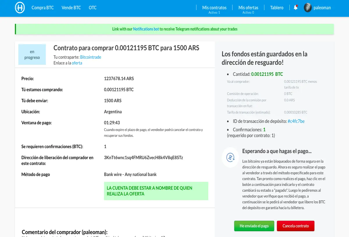El vendedor ya envió los bitcoin al escrow, ahora tenemos que hacer el pago a su cuenta de banco.