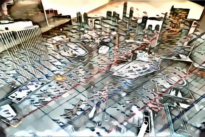 A cityscape overlaid with a paper financial ledger