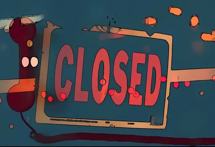 A closed sign, overlaid and encircled by a red landline phone