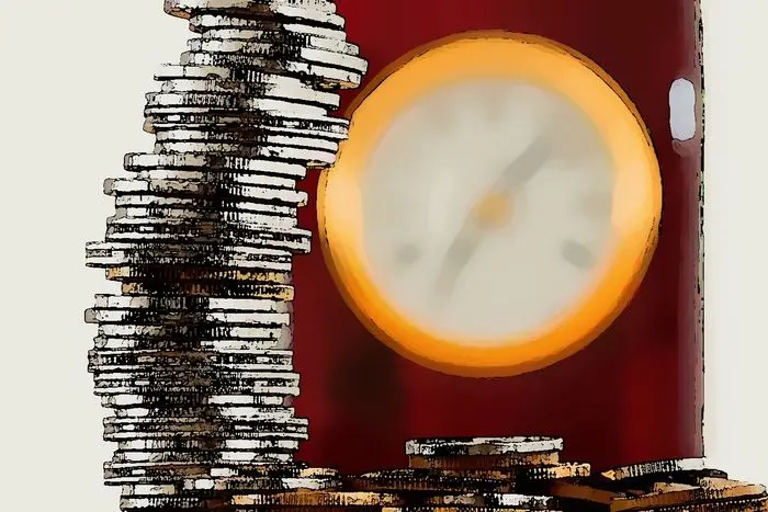 a stack of coins, with a clock in the background