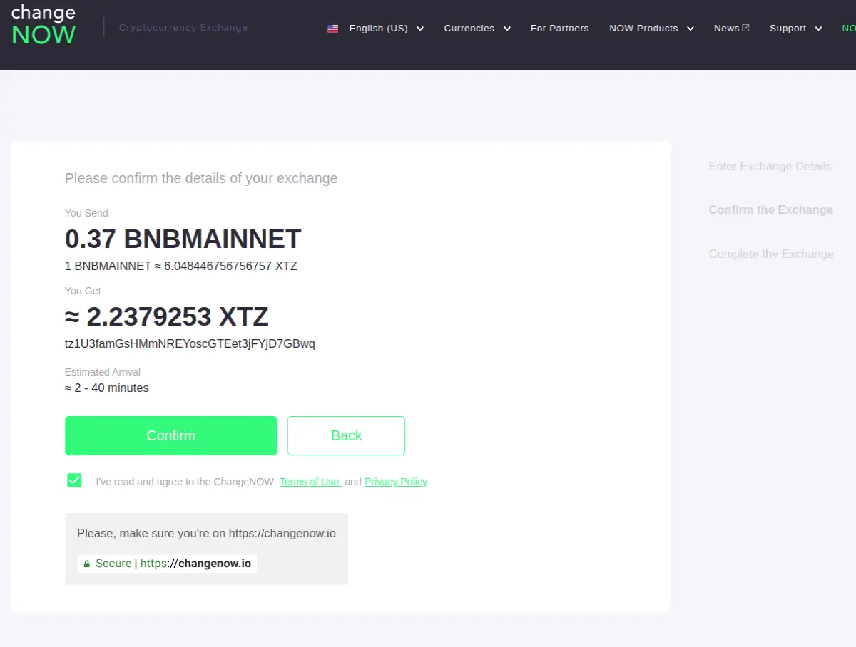 ChangeNOW confirmation screen