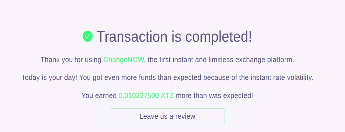 ChangeNOW completed exchange