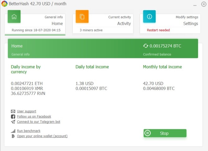 Betterhash main screen
