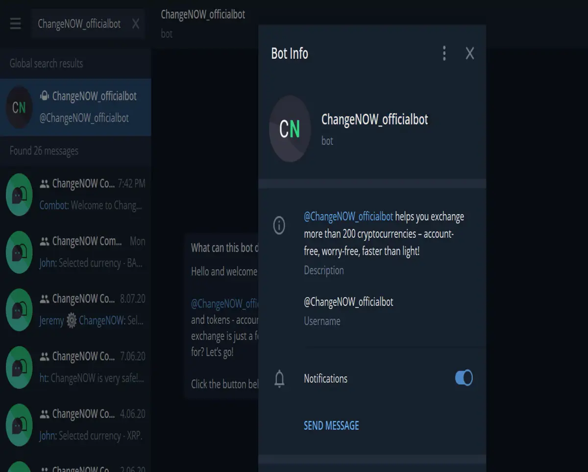 Exchange Crypto Through ChangeNOW Telegram BOT