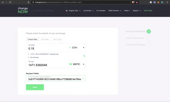 ChangeNOW buy screen
