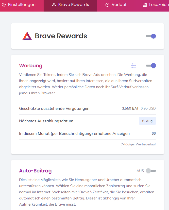 Brave Rewards Einstellungen