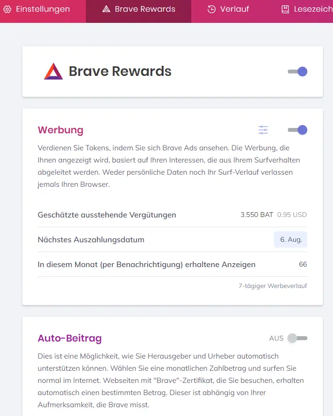 Brave Rewards Einstellungen