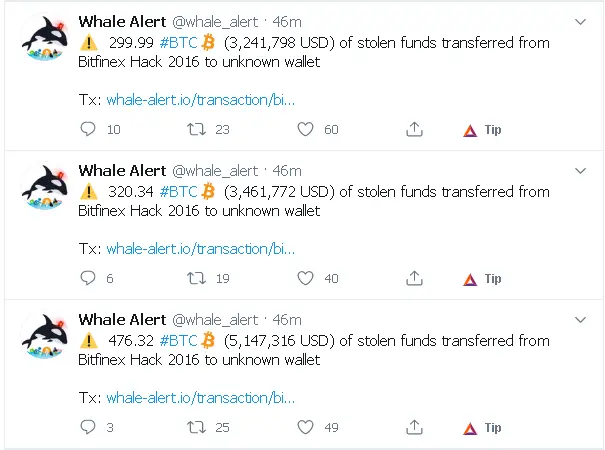 The last three transactions of stolen funds, via whale alert twitter