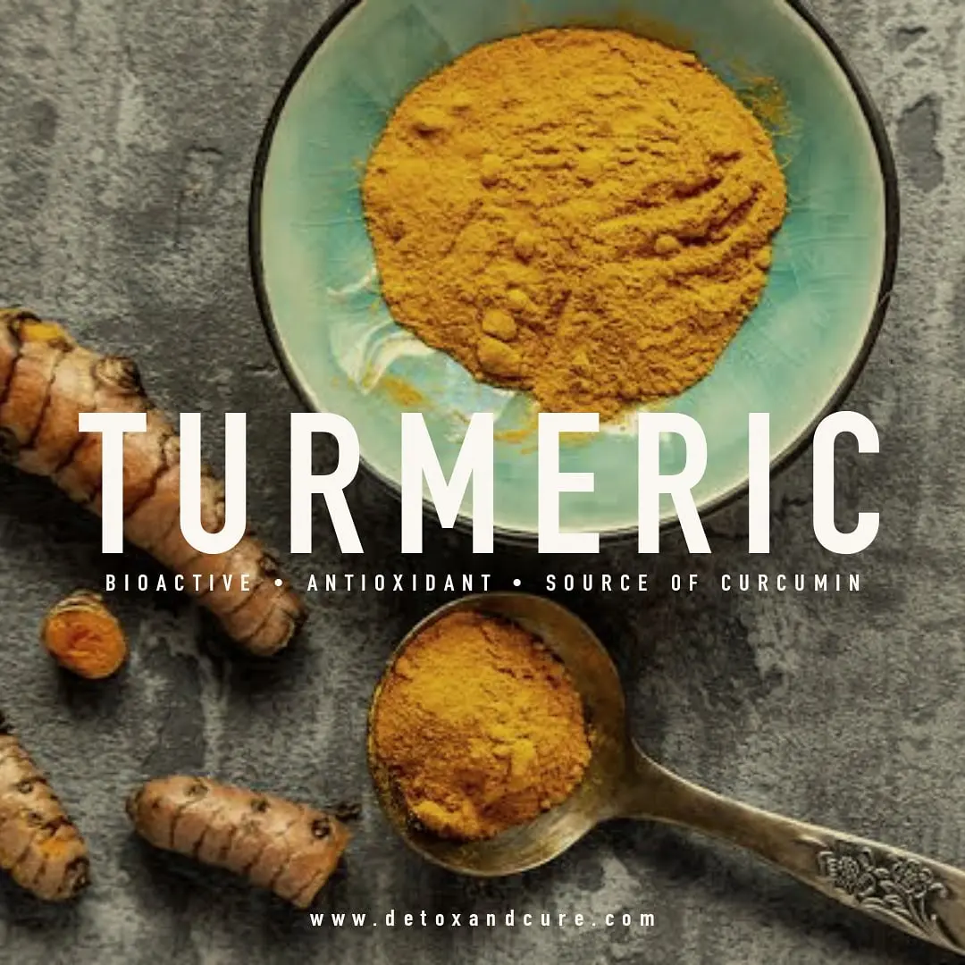 Turmeric powder in a bowl with an antique spoon on a stone bench. Fresh Turmeric roots