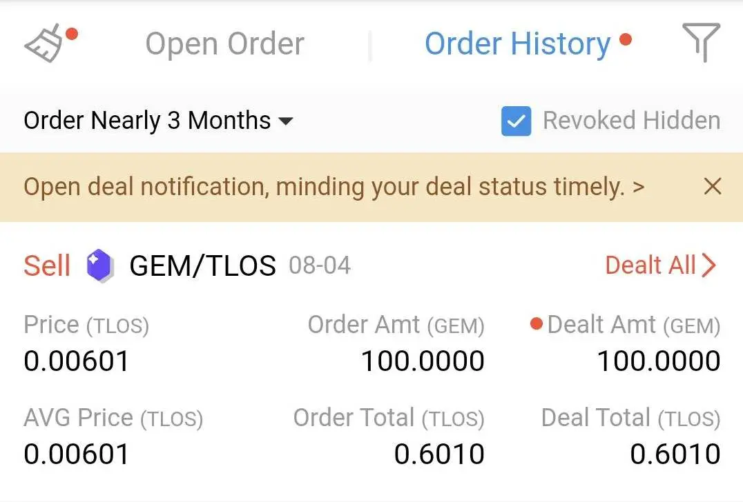 After your Limit Order your GEMs have been exchanged to TLOS
