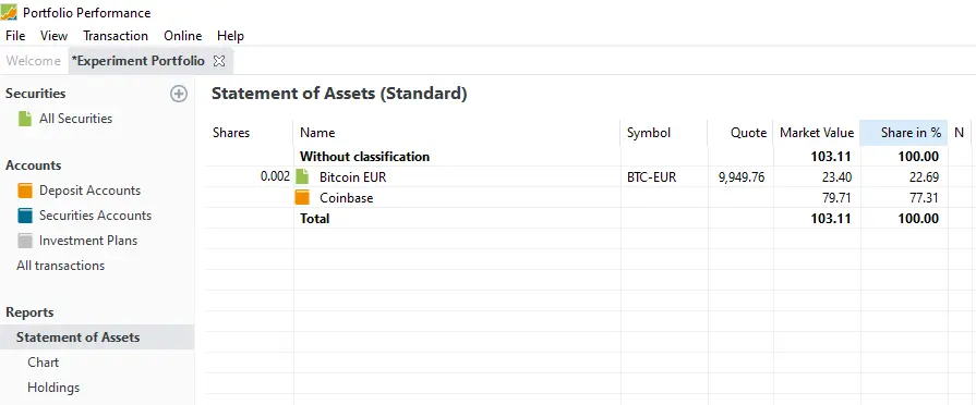 Statement of Assets after buying Bitcoin